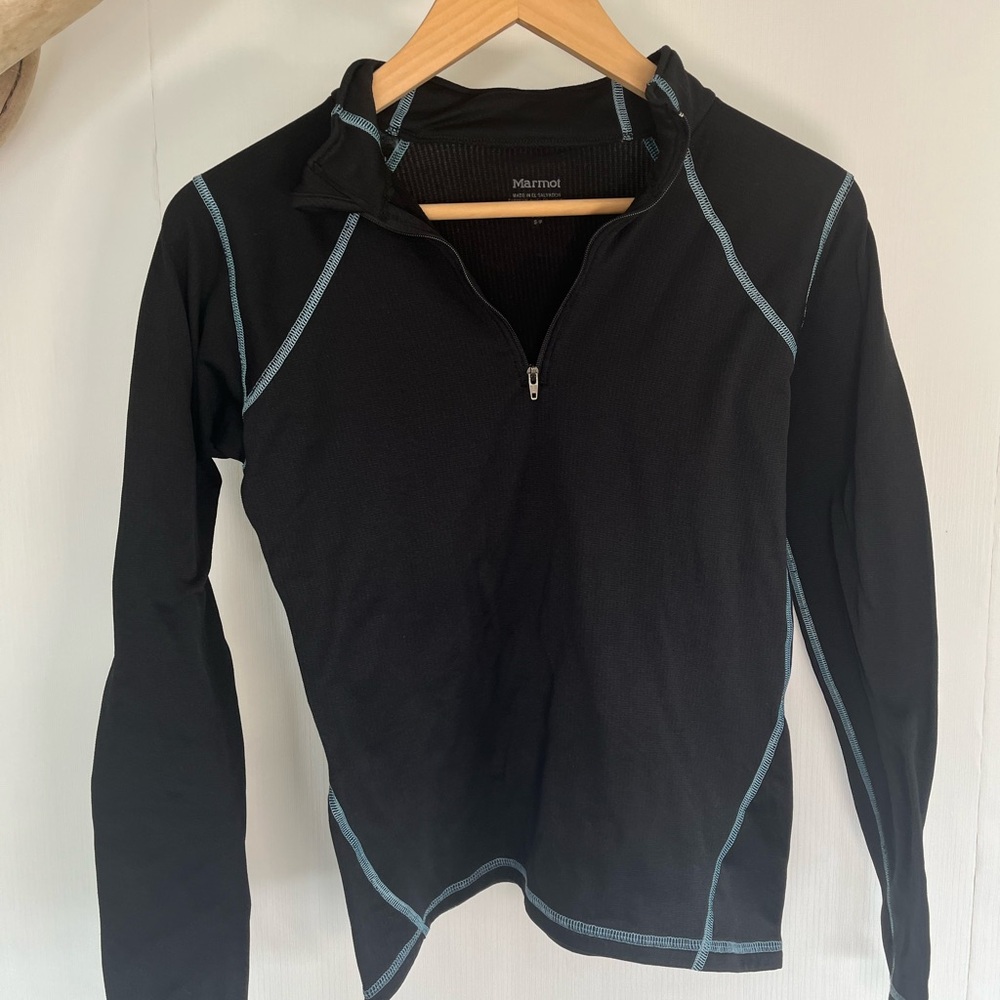 Marmot Black Active Top with Light Blue Stitching